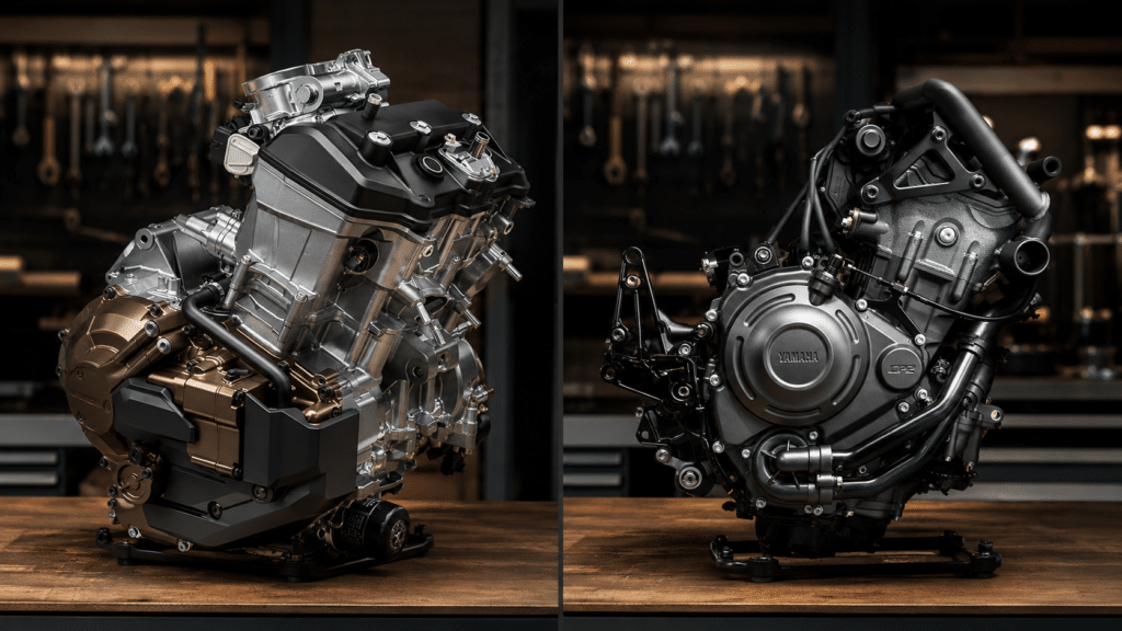 split image showing two motorcycle engines