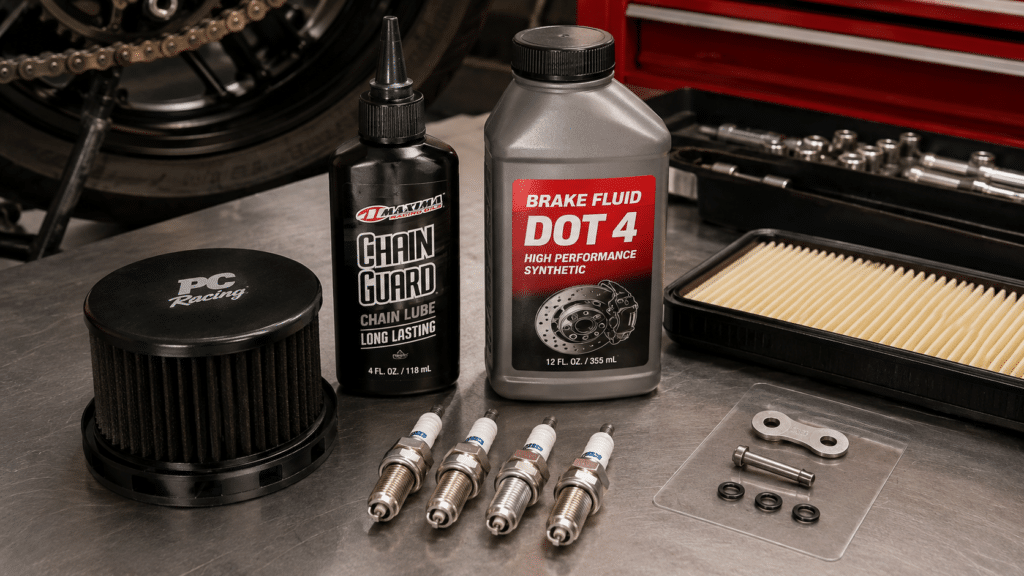 close-up flat lay of essential high-mileage motorcycle maintenance consumables