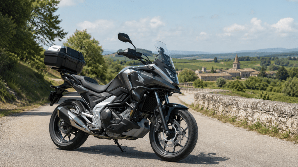 Honda NC 750 X adventure crossover motorcycle on a French country road