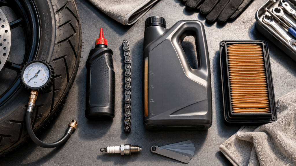 flat lay of motorcycle fuel-efficiency maintenance items