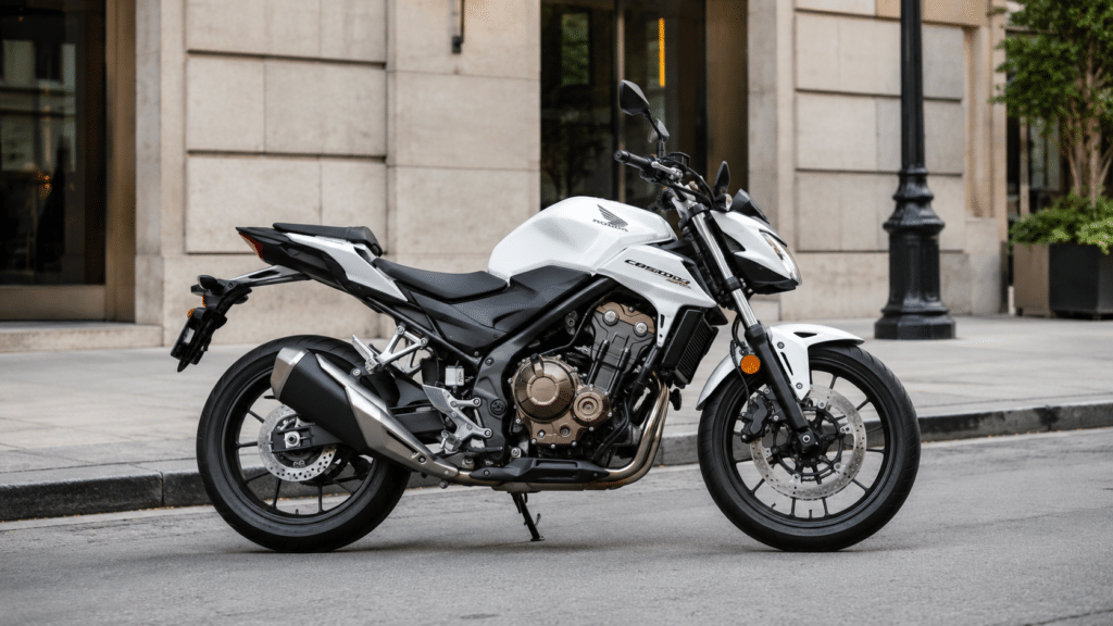 Honda CB500F naked roadster motorcycle parked on a clean urban street