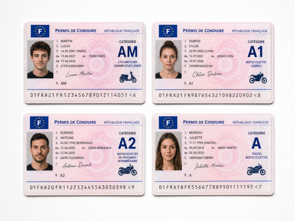 photorealistic infographic-style flat lay of four French motorcycle license cards (AM, A1, A2, A)