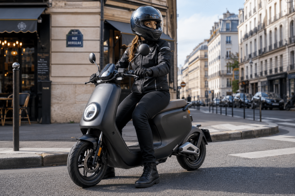 photorealistic image of a young woman in full motorcycle gear sitting on a small electric scooter