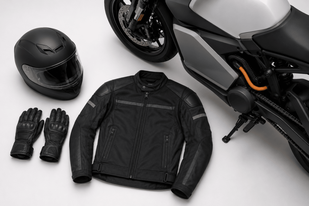 photorealistic close-up of a motorcycle helmet, gloves and jacket laid out on a white surface