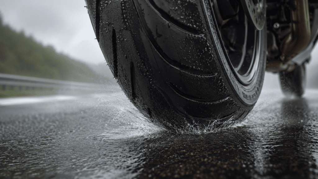 photorealistic, close-up of a motorcycle tire on wet asphalt road showing water dispersion