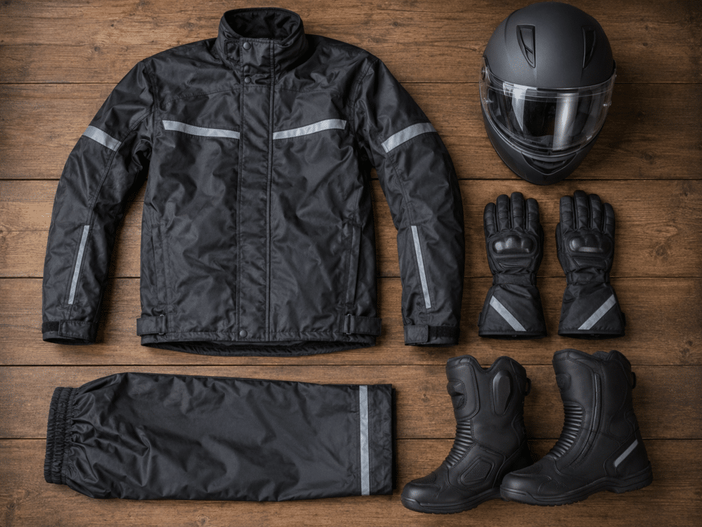 photorealistic flat lay of motorcycle rain gear on a wooden surface: waterproof motorcycle rain jacket