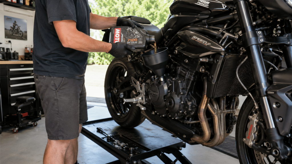 hotorealistic motorcycle owner pouring fresh oil into engine through funnel under bright summer daylight, oil bottle visible in hand, motorcycle on workshop stand in clean garage, sense of methodical summer maintenance routine, no rider face visible, no watermark