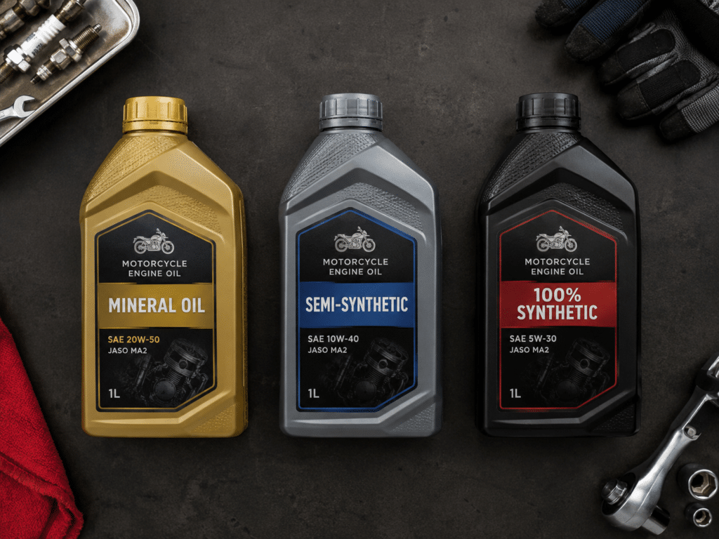 photorealistic flat lay of three different motorcycle oil bottles on workshop bench: one mineral oil bottle, one semi-synthetic, one 100 percent synthetic, each clearly labeled, organized methodically, soft studio lighting emphasizing the differentiation, no specific brand logos, no watermark