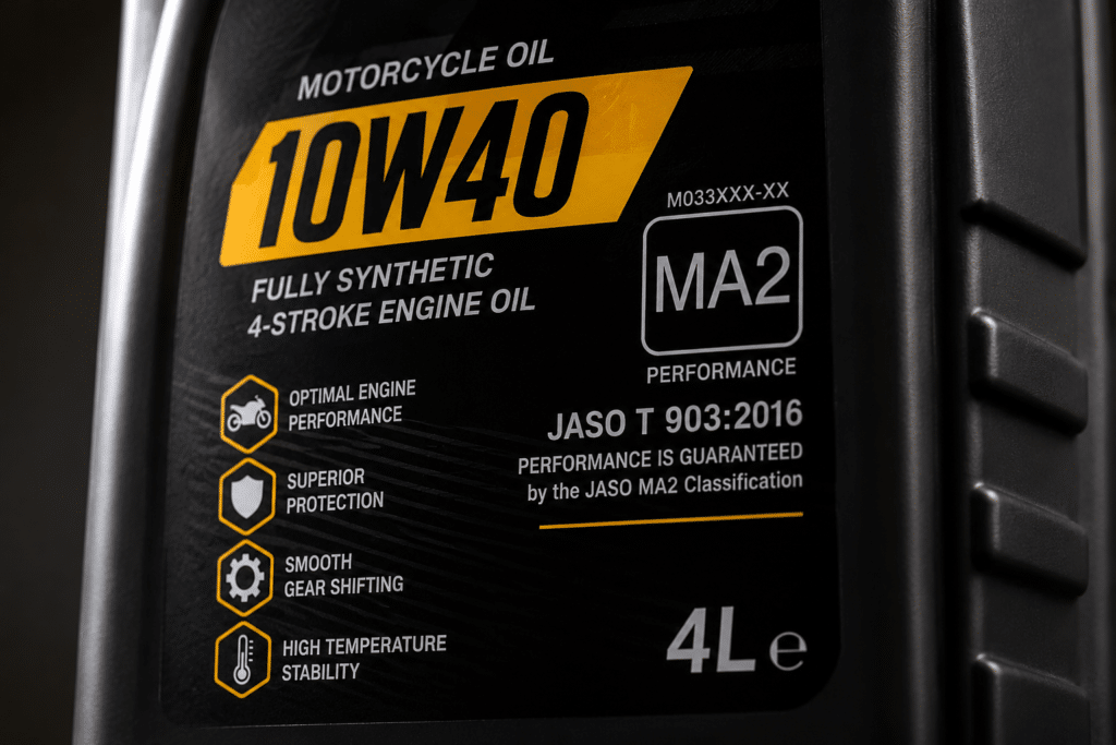 photorealistic close-up of multi-grade motorcycle oil bottle label clearly showing 10W40 viscosity grade and JASO MA2 certification, dramatic studio lighting, sharp focus on the technical specifications, sense of informed product selection, no specific brand visible, no watermark