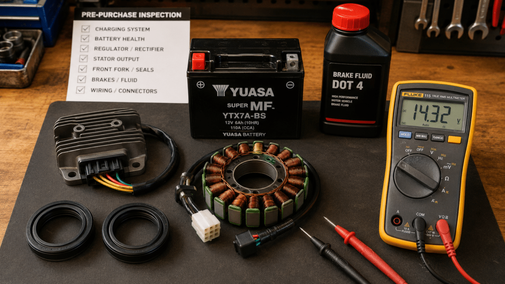 photorealistic, flat lay of motorcycle electrical