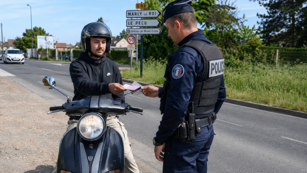 French police officer checking documents