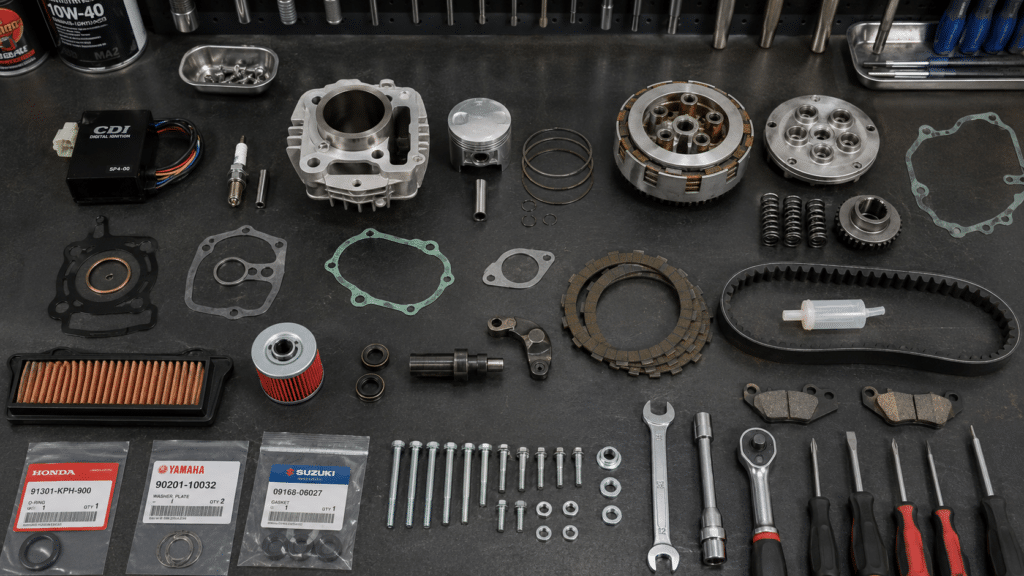 flat lay of 50cc motorcycle maintenance
