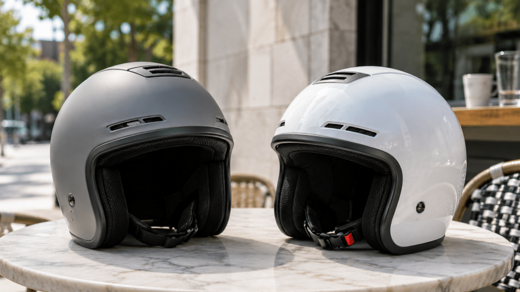 Two open-face jet helmets on a sunny urban table, visible front diffusers and rear extractors, natural summer light, clean product photography, no logos, photorealistic