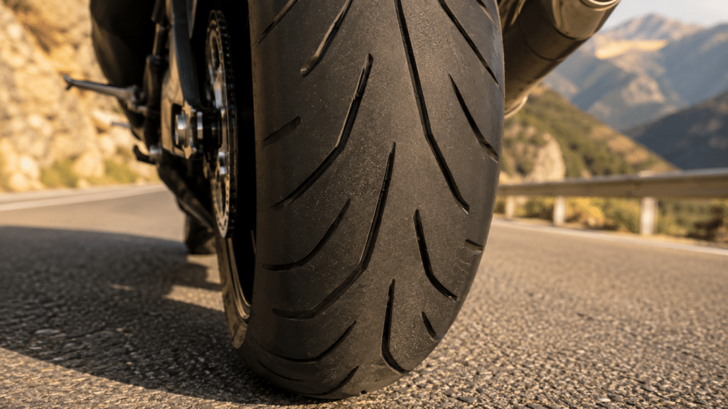 motorcycle sport-touring tyre close-up on dry tarmac mountain road, tread pattern detail