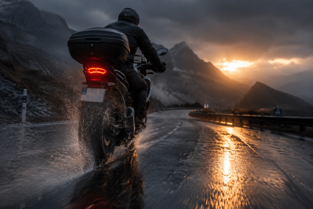 motorcycle touring on wet mountain road at dusk, rear tyre water spray visible