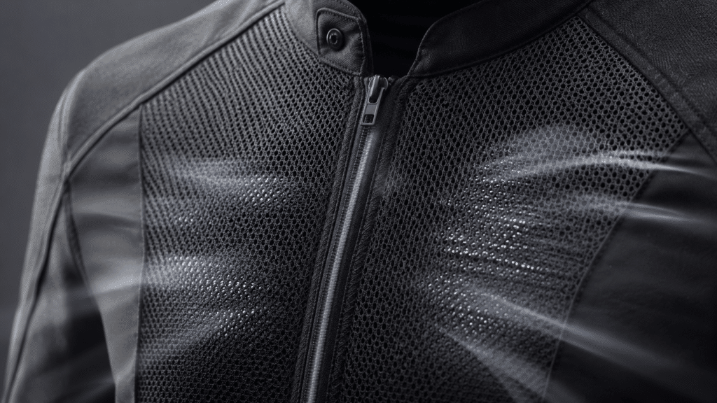 close-up detail of mesh fabric on motorcycle jacket chest panel, showing air flow visualization