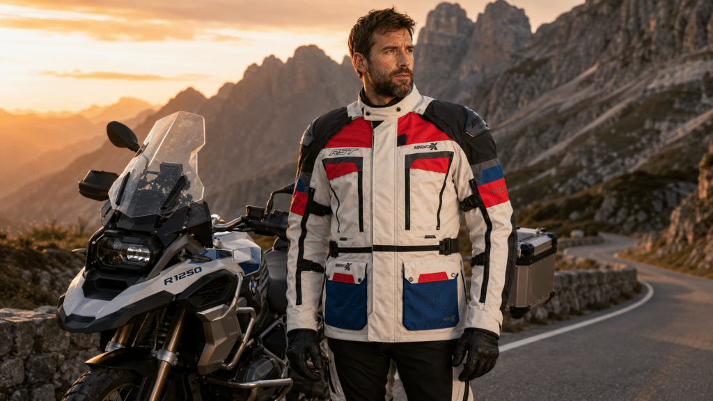 motorcycle adventure rider in RST Pro Series Adventure jacket standing next to a dual-sport