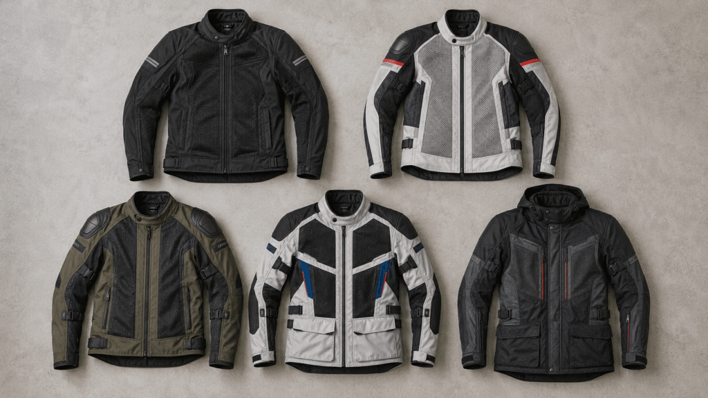 lay of five motorcycle jackets arranged on a neutral background showing mesh ventilation