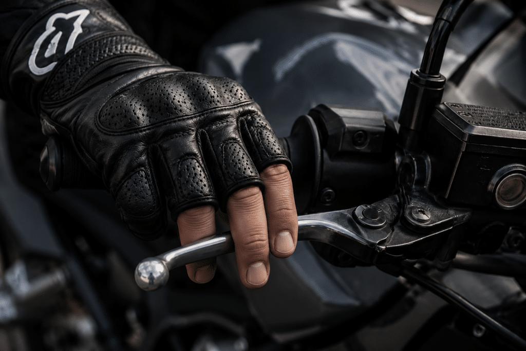 motorcycle rider hand on brake lever showing the subtle finger pressure modulation