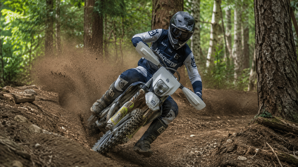 enduro rider on a trail motorcycle pivoting around a tight corner with controlled rear-wheel slide on a forest dirt track