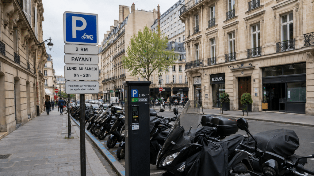 French parking sign for two-wheel motorcycles in Paris showing the new payment requirements