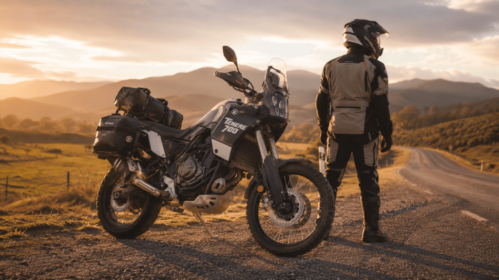 adventure motorcyclist in full trail riding gear standing next to their Yamaha Tenere