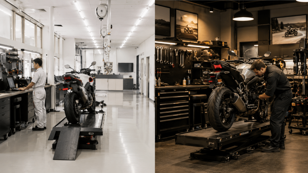 side-by-side comparison of motorcycle workshop scenes: left side official Japanese brand