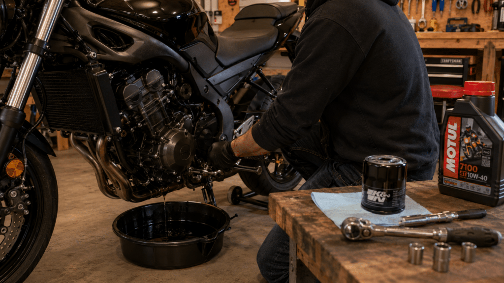 motorcycle owner doing oil change at home in garage workshop, oil drain pan underneath the bike