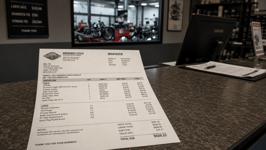 motorcycle dealership service counter with invoice in foreground showing various line