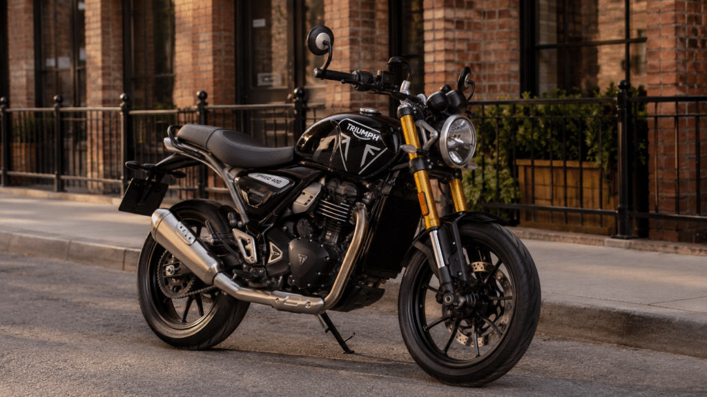 photorealistic, Triumph Speed 400 compact neo-retro roadster in an urban setting, classic British styling with modern details, warm afternoon city light, sense of accessible everyday motorcycle charm, no rider visible, no watermark