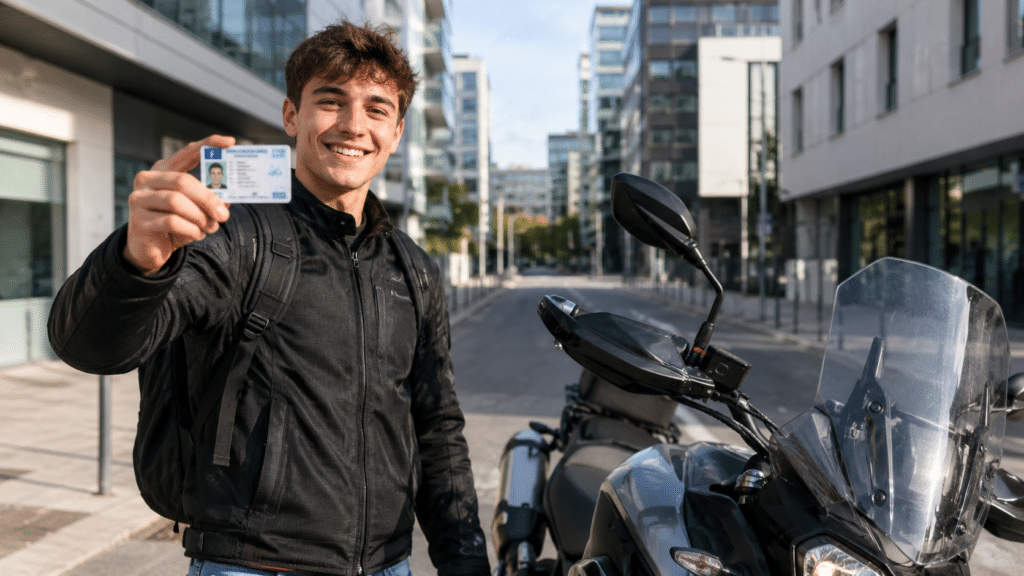 young rider showing motorcycle license card next to a mid-size trail motorcycle