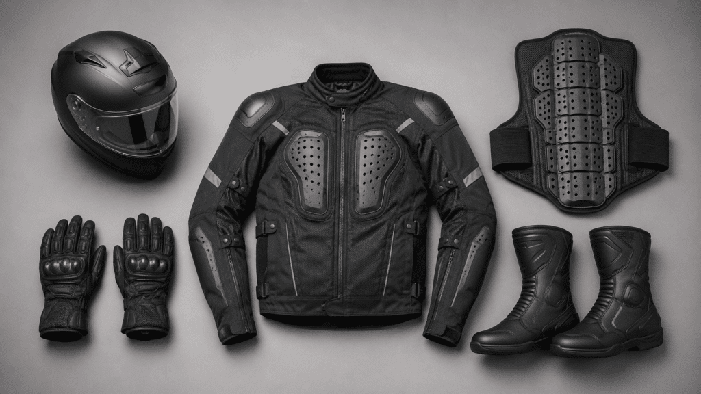 flat lay of complete motorcycle protective gear set including helmet, gloves