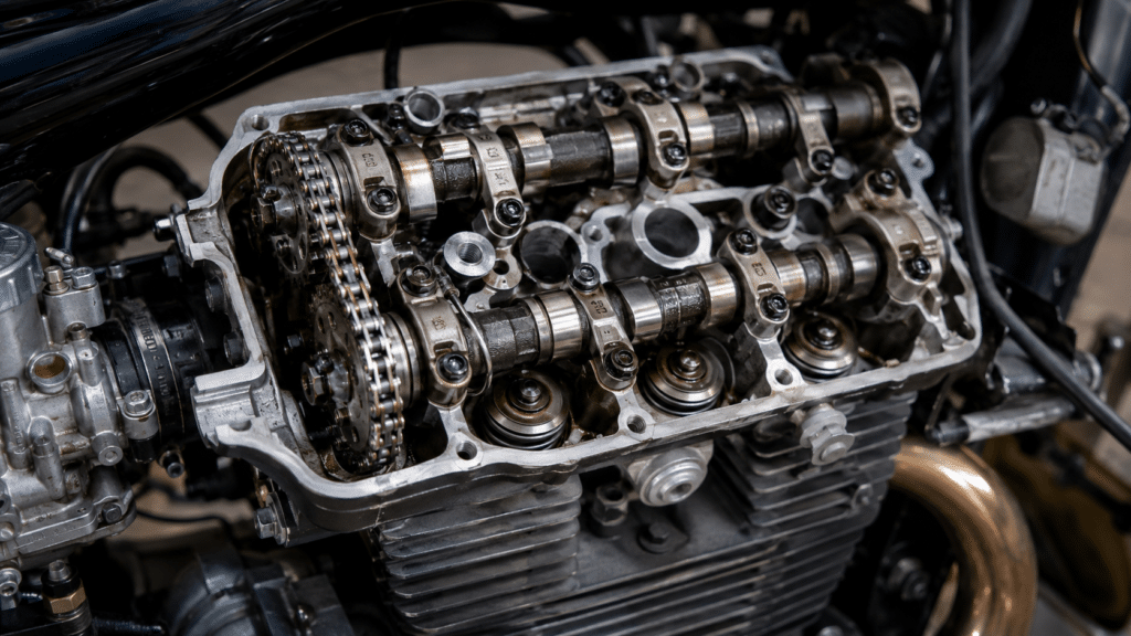 photorealistic close-up of a Honda parallel twin motorcycle engine internals showing minimal wear despite high mileage