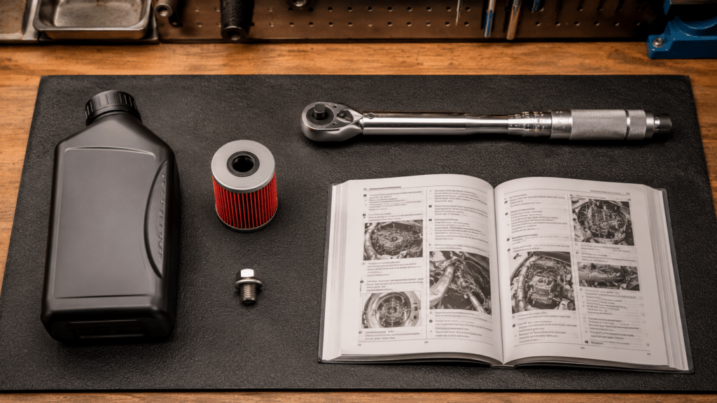 photorealistic overhead shot of motorcycle maintenance items neatly organized on a workshop