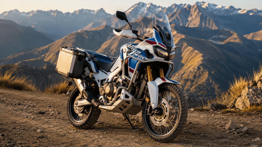 photorealistic Honda Africa Twin equipped with aluminum skid plate and crash bars parked on a rough dirt track,