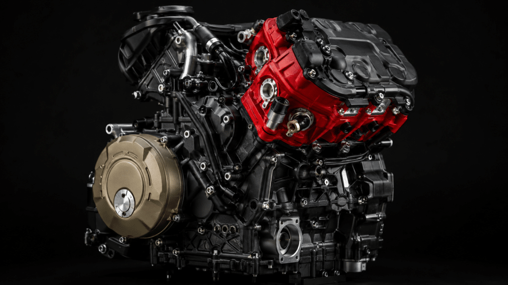 photorealistic close-up of Ducati Desmosedici Stradale V4 engine, studio lighting, matte black and red finish, engineering detail, no watermark