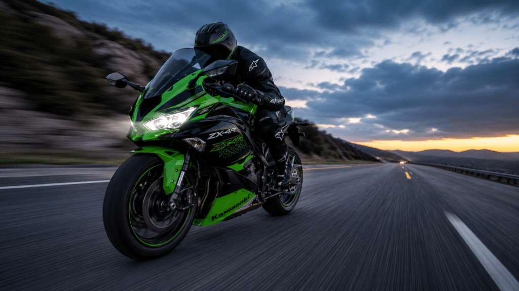photorealistic Kawasaki ZX-4RR on empty highway at high speed, motion blur, dusk lighting, wide angle, no watermark
