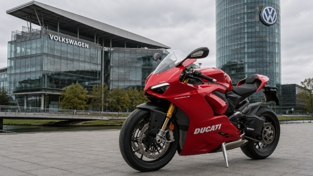 photorealistic red Ducati Panigale motorcycle parked in front of Volkswagen headquarters glass building, overcast Wolfsburg sky, wide angle, no watermark