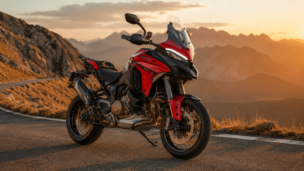photorealistic Ducati Multistrada V4 RS adventure motorcycle on mountain road, dramatic golden hour lighting, no watermark