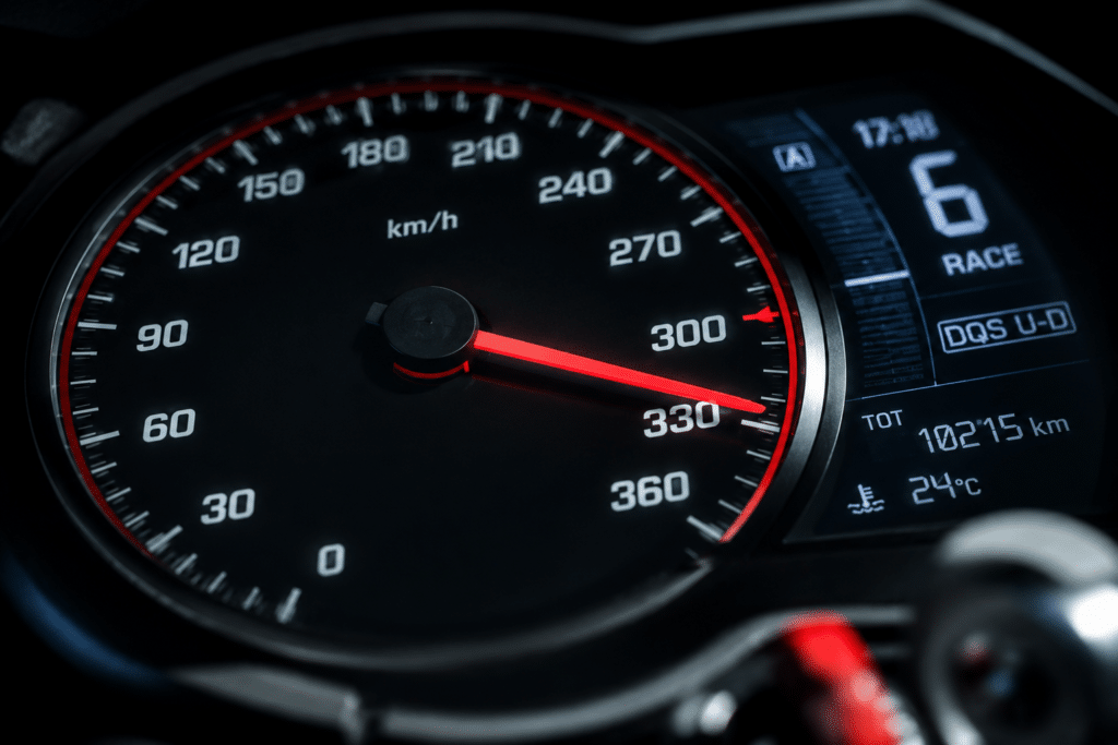 photorealistic close-up of a speedometer needle pointing to a very high speed on a motorcycle dashboard, dramatic lighting emphasizing the danger and legal weight of extreme speed, sharp technical detail, no watermark