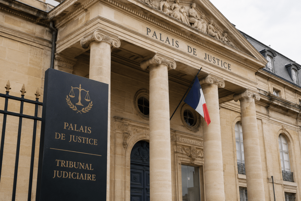 photorealistic courthouse exterior in France with French flag, documentary legal photography style, sense of formal judicial process, neutral daylight, no people identifiable, no watermark