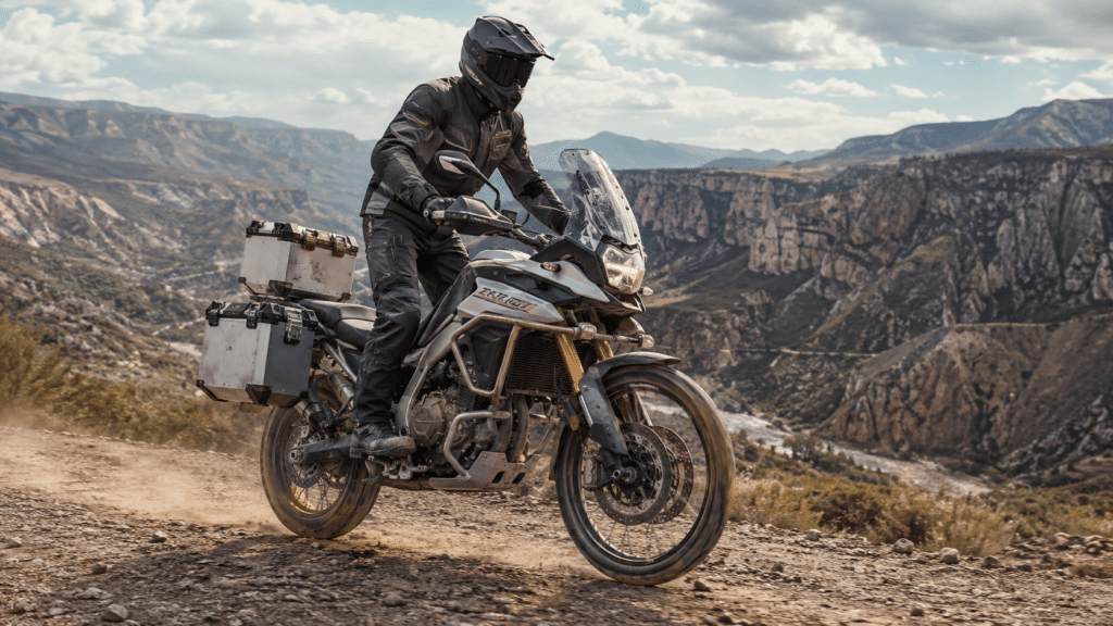 photorealistic side-by-side comparison atmosphere, adventure motorcycle on a mountain dirt road showing full suspension travel, sense of capable off-road performance on a mid-weight adventure bike with 21-inch front wheel, dramatic canyon landscape, no watermark