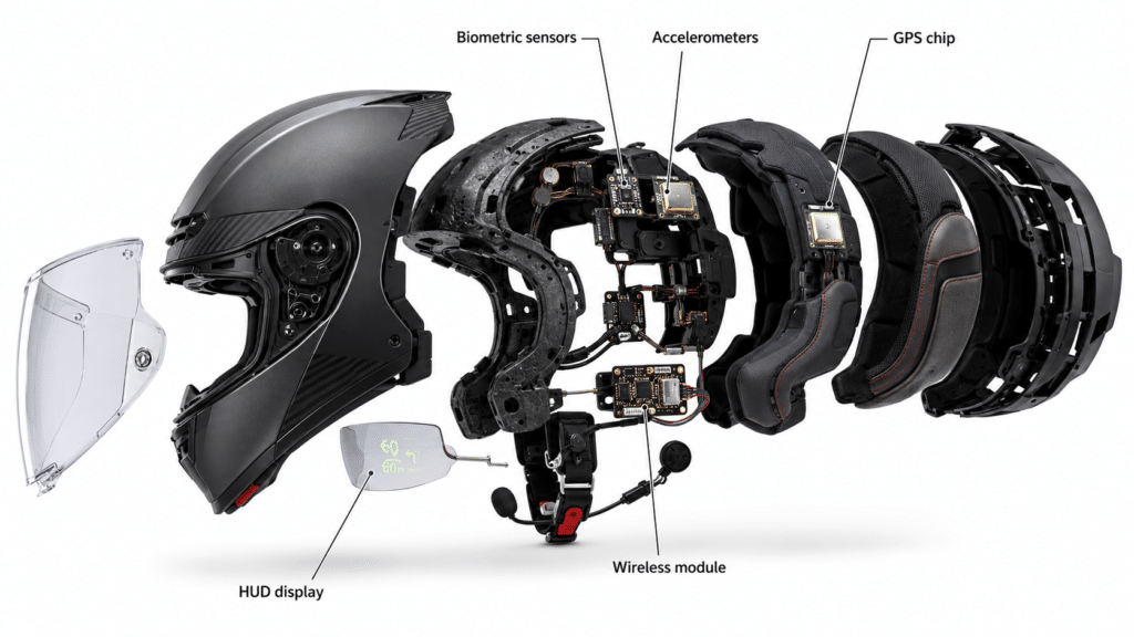 photorealistic, technical cross-section diagram style render of a smart motorcycle helmet with labeled sensors - biometric sensors, accelerometers, GPS chip, wireless module, HUD display - exploded view showing internal technology, clean white background, no watermark