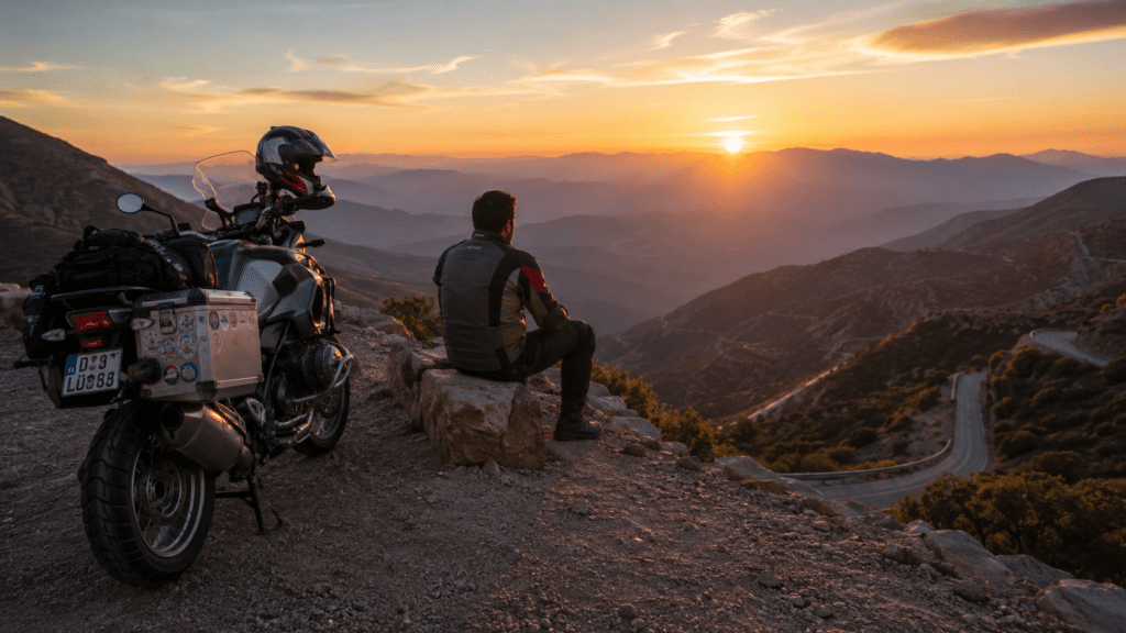 photorealistic, adventure motorcyclist stopped at a roadside viewpoint, helmet on handlebar, taking a break on a scenic mountain road at sunset, sense of responsible fatigue management, travel and self-awareness atmosphere, no rider face visible, no watermark