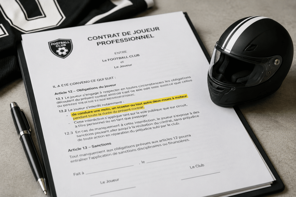 Prompt Midjourney/Flux : photorealistic, legal document with a football club contract visible with highlighted clauses, beside it a small motorcycle helmet, metaphor for contractual restrictions on riding, clean documentary style, soft neutral lighting, no watermark