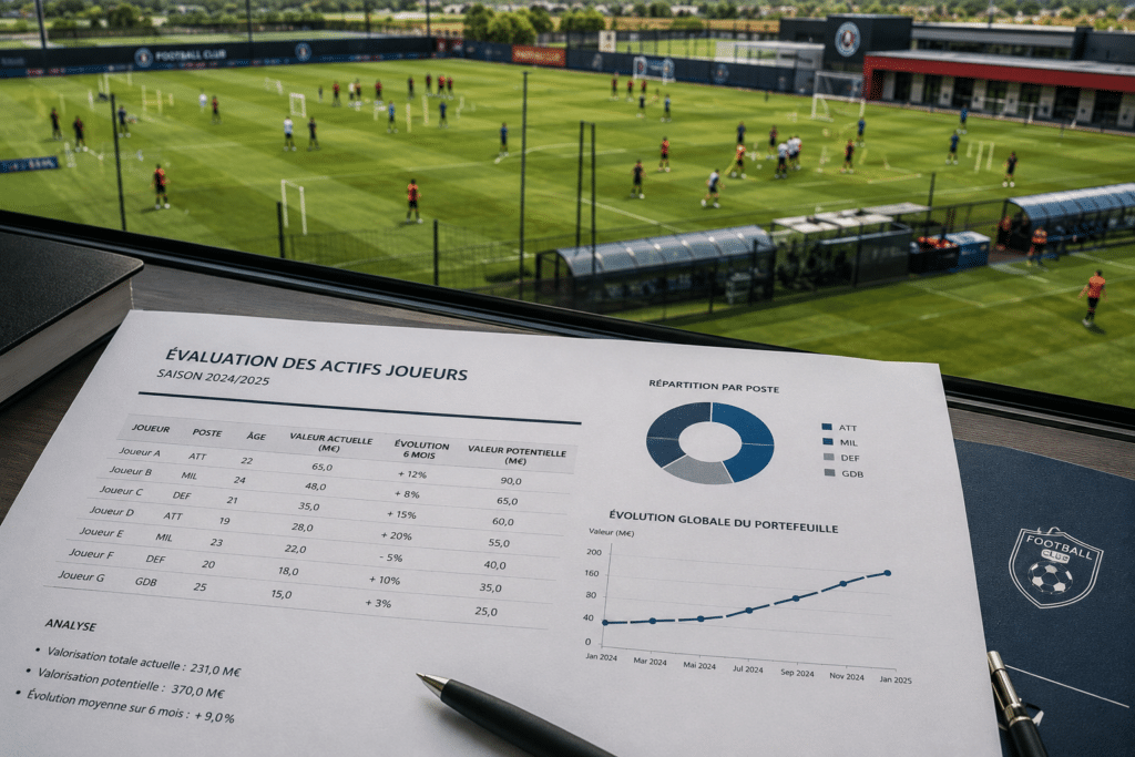 Prompt Midjourney/Flux : photorealistic, aerial view of a professional football training ground with players training, in the foreground a financial document showing player asset values, metaphor for economic protection of athletic talent, neutral documentary corporate style, no watermark
