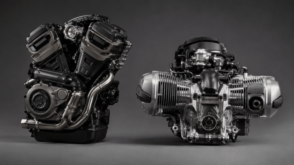 photorealistic close-up side-by-side comparison of a Harley-Davidson V-twin Revolution Max engine and a BMW boxer engine, studio technical photography with dramatic side lighting emphasizing the different engineering philosophies, no logos, no watermark