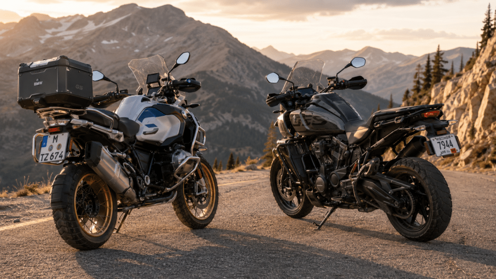 photorealistic, BMW R 1300 GS Adventure and a Harley-Davidson Pan America 1250 parked side by side on a mountain road, comparative photography style showing both adventure bikes from the rear three-quarter angle, emphasis on their different character and design philosophy, golden hour warm light, no riders, no watermark
