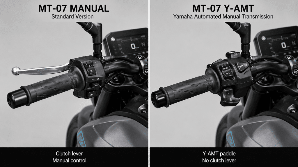 photorealistic split view of Yamaha MT-07 cockpit showing left handlebar with clutch lever (manual version) and right handlebar with Y-AMT paddle controls (automatic version), comparative detail shot, clean studio lighting emphasizing the control difference, no watermark