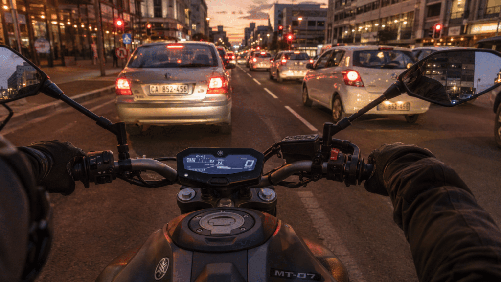photorealistic, Yamaha MT-07 in urban traffic at dusk, sense of daily commuter capability and ease of use in stop-and-go conditions, driver's perspective suggestion, warm city lights in background, no rider face identifiable, no watermark